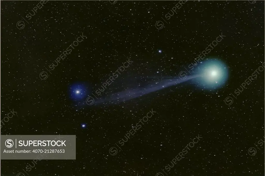 Comet Lovejoy (C/2014 Q2). The colours of the tail and comet head come from ionized carbon monoxide (CO+) and diatomic carbon (C2), which glow blue and green respectively in the near-vacuum of interplanetary space. Seen from east of Parker, Colorado, USA, 10th January 2015. Taken using digital focus stacking.