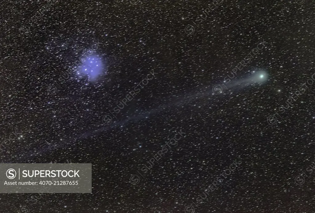 Comet Lovejoy (C/2014 Q2) travelling past the Pleiades / Seven Sisters on its way back into the outer space portion of its orbit. Seen from eastern Colorado, USA, 17th January 2015.