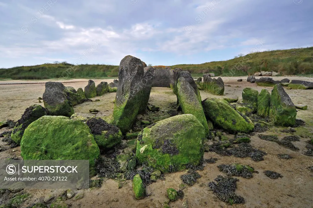 Neolithic tomb / gallery grave / passage grave of Guinirvit. Bay of Kernic, Finistere, Brittany, France June 2009.