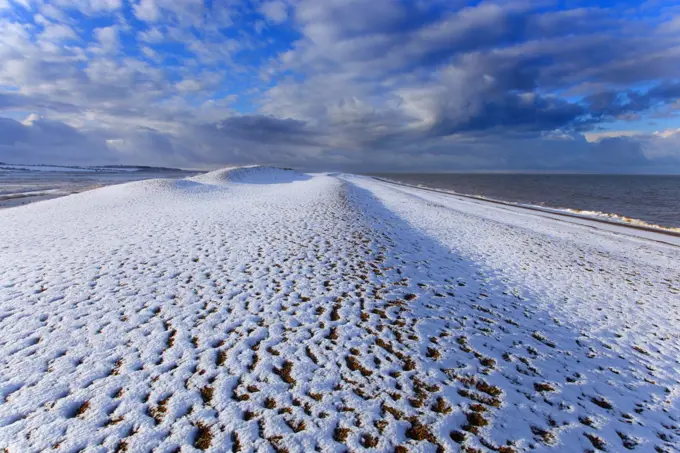 Cley Beach covered in snow, Norfolk. England, UK, January.