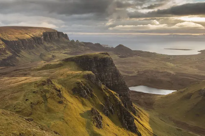 View to The Quiraing from the Trotternish Ridge at dawn, Isle of Skye, Inner Hebrides, Scotland, UK, April 2016.