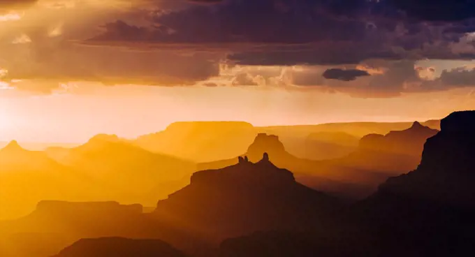 Lupan Point, looking west into sunset. Grand Canyon National Park, Arizona, USA, August.