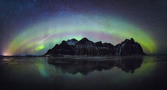 Aurora Borealis over Vestrahorn, Stokksnes, Hofn, Iceland. March 2018