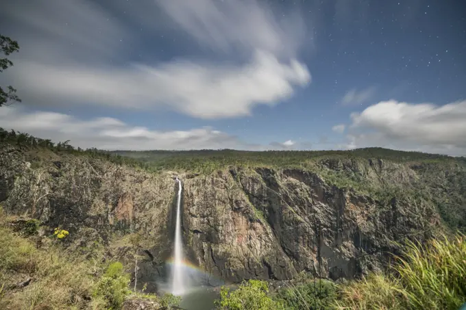 Rainbow in spray of Wallaman Falls, Australia's highest permanent single drop waterfall with a fall of 268m. Girringun National Park, Queensland, Australia. 2017.