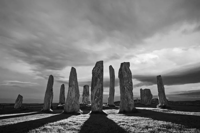 Callanish Stone Circle, standing stones casting long shadows. Isle of Lewis, Outer Hebrides, Scotland, UK. May 2010.