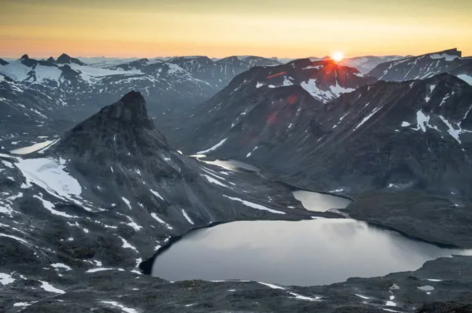 Mount Kyrkja at sunset, viewed from Visbretinden, Jotunheimen National Park, Norway, July.