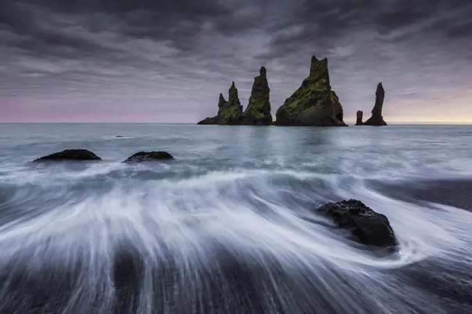 Reynisdrangur stacks with long exposure of waves,, Vik i Myrdal, Iceland, September 2015.