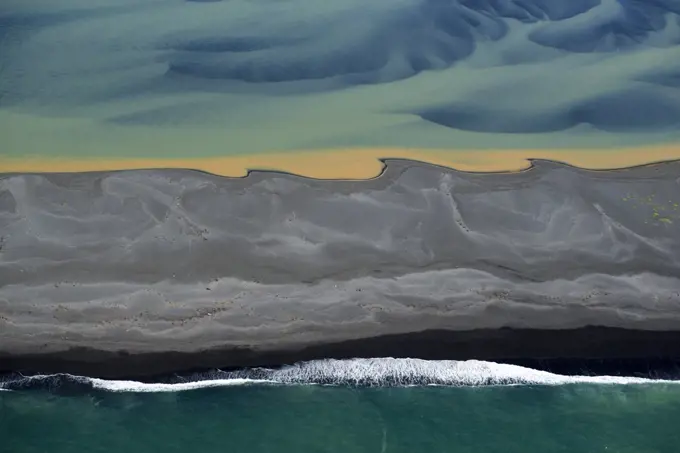 Aerial view of river delta and coast, South West Iceland, June 2014.