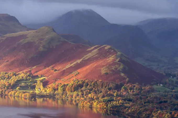 Catbells and the edge of Derwentwater bathed in early morning light and autumnal colours, Latrigg, Keswick, The Lake District, Cumbria, UK. November 2016.