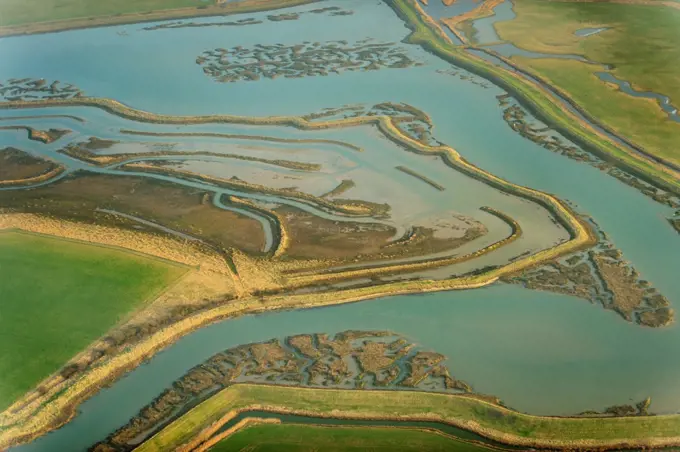 Remnant saltmarsh and coastal realignment at Abbotts Hall Farm, Essex, UK, March 2012.