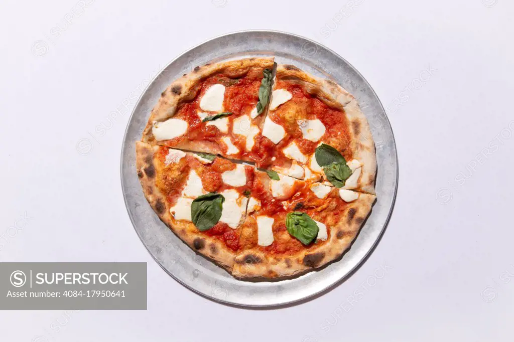 High Angle View of Brick Oven Margherita Pizza