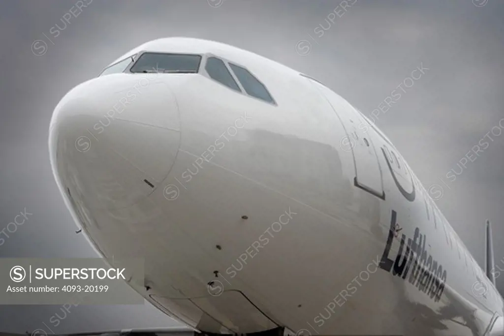 Nose detail of Lufthansa Airbus A340 jet airliner.