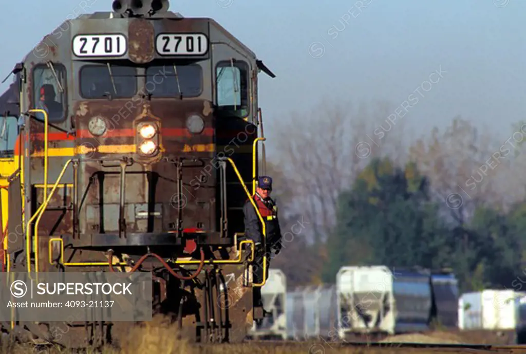 Union Pacific UP 2701 General Motors EMD GP39-2 freight locomotive diesel powered electric conductor head on street