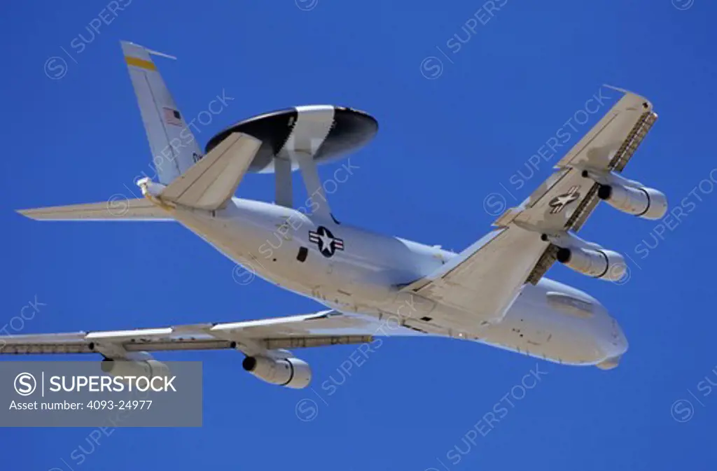 USAF Boeing E-3 AWACS bottom tail view of the airborne command and control aircraft based on the Boeing 707