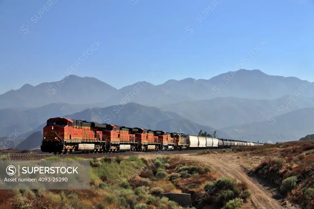 A freight train makes it way up the Cajon Pass on the BNSF Railway on its way across the trans con.