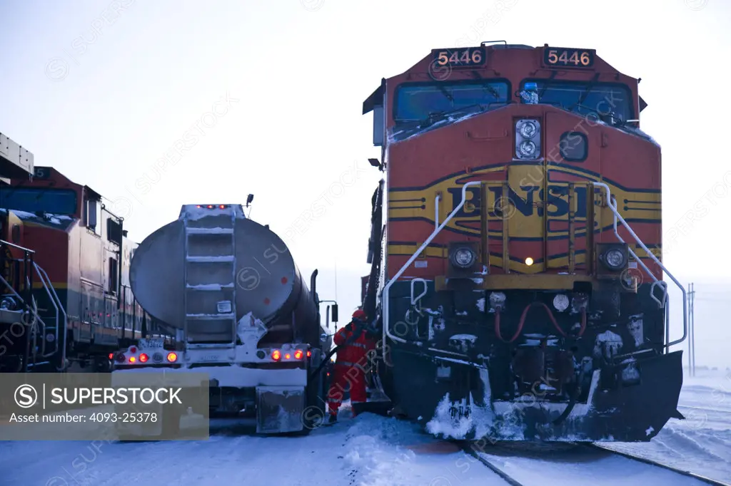 Fuel truck refueling a 2005 BNSF diesel locomotive