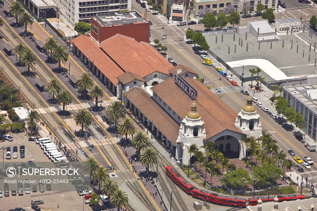 Overhead view of the San Diego railroad station along with the red car trolleys.