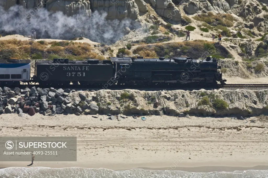 1927 Santa Fe 3751 restored 4-8-4 steam locomotive, elevated side view