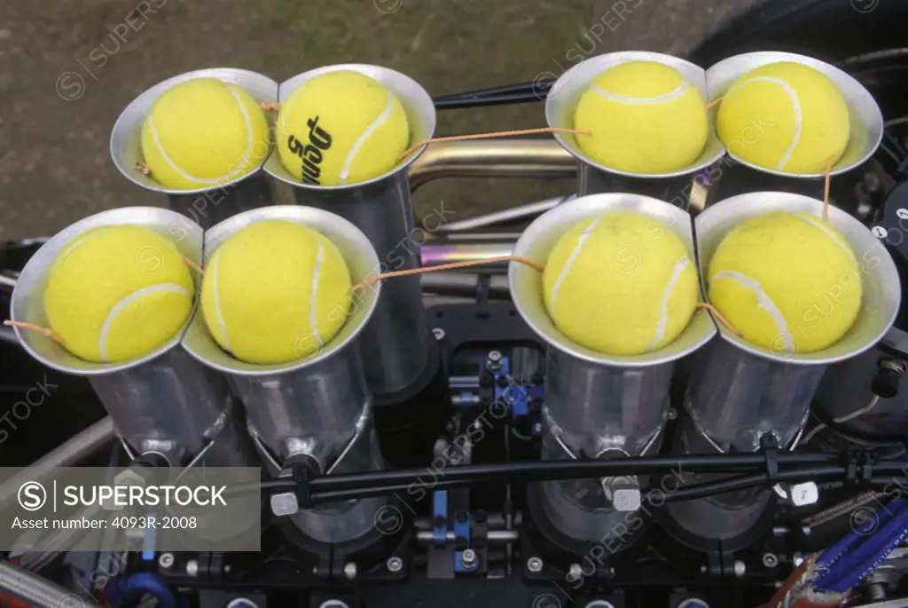 detail fuel injection trumpets intake tennis balls engine velocity stacks hot rod