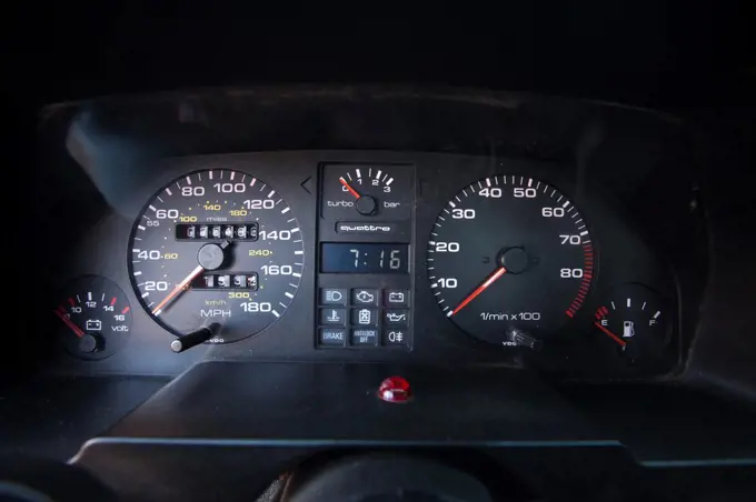 Interior view of a 1986 Audi Sport Quattro S1 showing the Instrument panel.