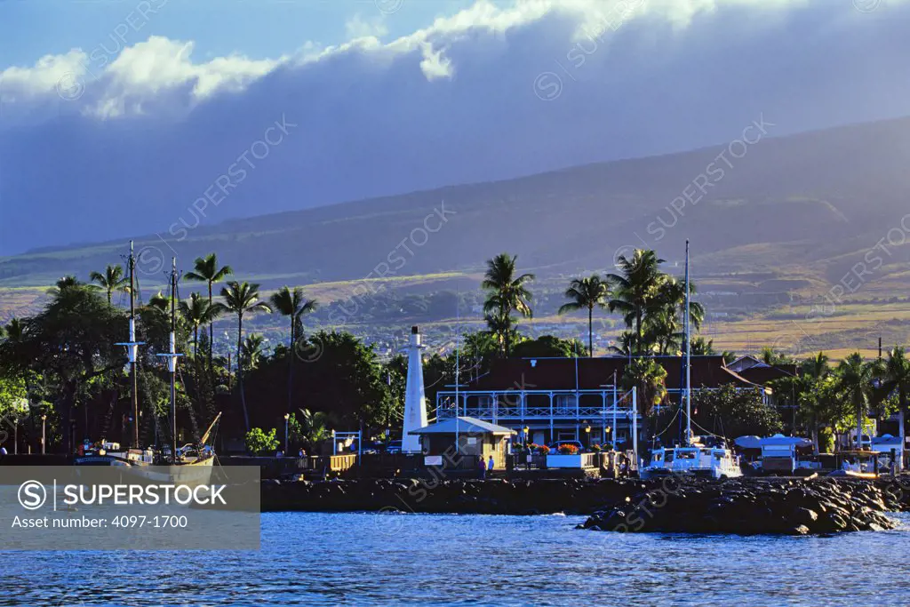 Old whaling town at the waterfront, Pioneer Inn, Lahaina, Maui, Hawaii, USA