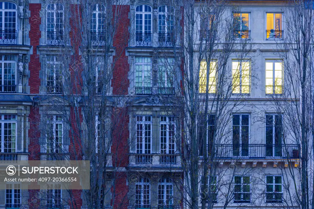 Appartments along the River Seine in Paris at dusk, Paris