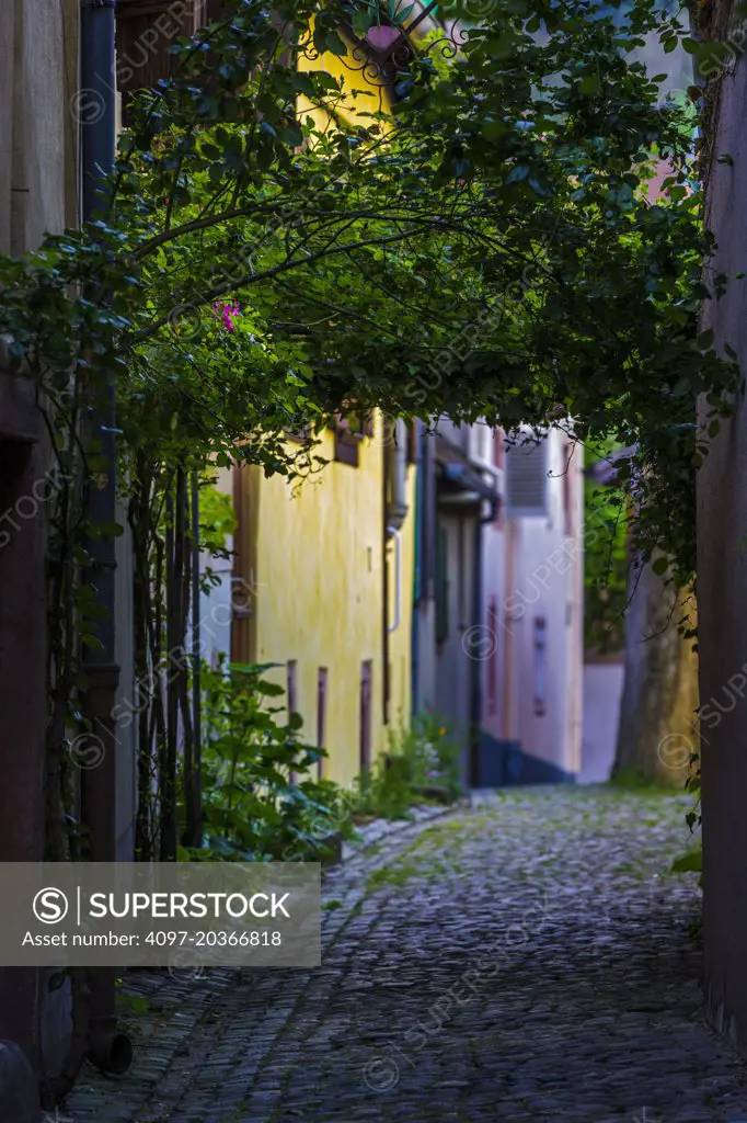 Cobbled lane at dusk in Kaysersberg, France