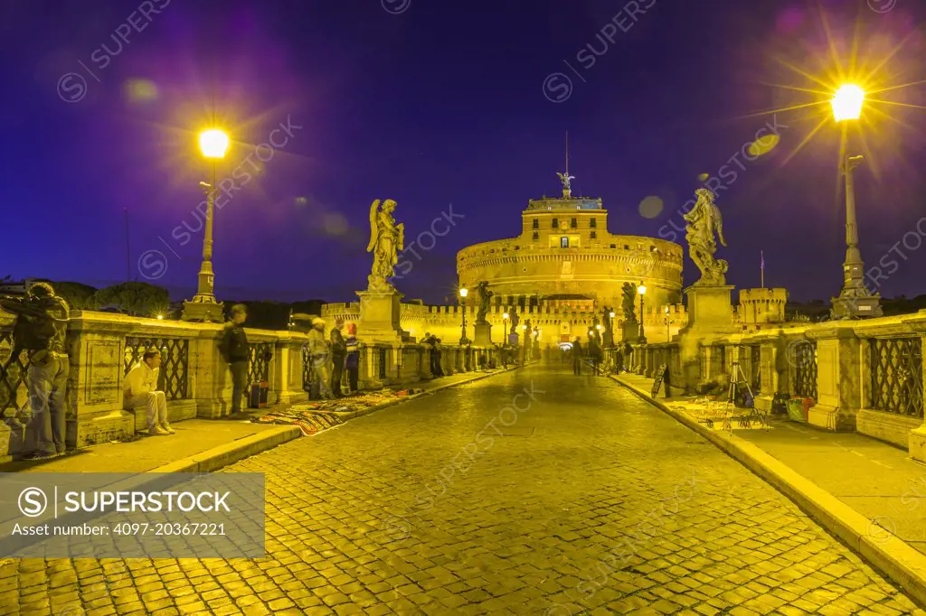 Castel Sant'Angelo and St. Angelo Bridge at dusk, Rome