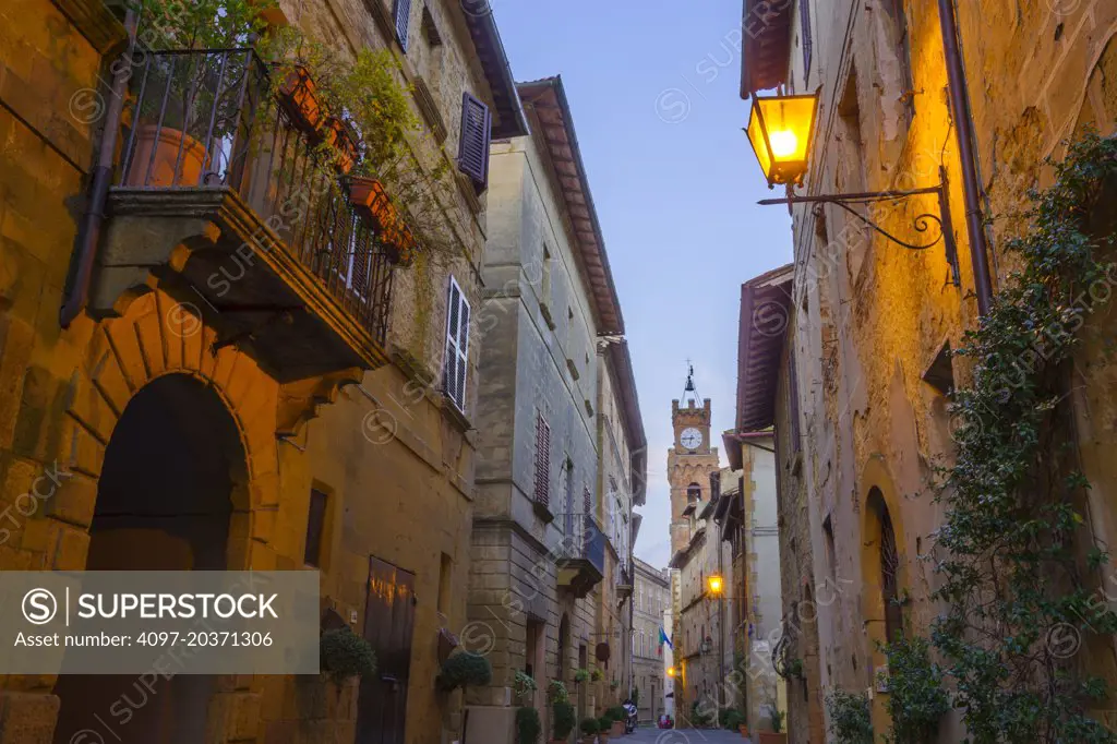 street in Pienza at dusk, Tuscany