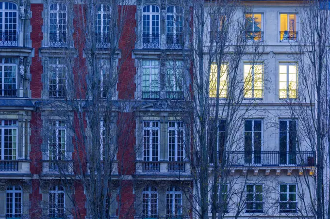 Appartments along the River Seine in Paris at dusk, Paris