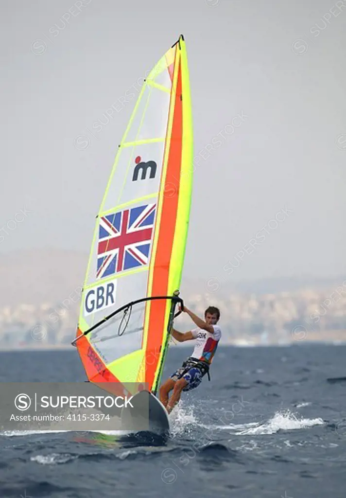 Great Britain's Nick Dempsey competing in the fourth round of the Men's Windsurf Mistral, Olympic Games, Athens, Greece, 15 August 2004.