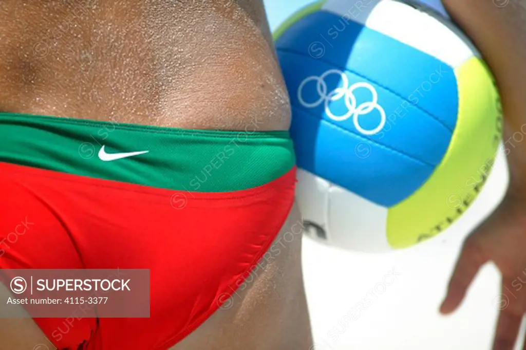 Close up of a player and volleyball during the Germany versus Bulgaria match at the Olympic Games, Athens, Greece, 16 August 2004.