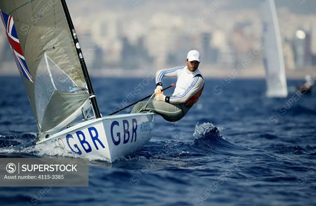 Ben Ainslie completes the 10th round of the Single Handed Finn during the Olympic Games, Athens, Greece, 19 August 2004.