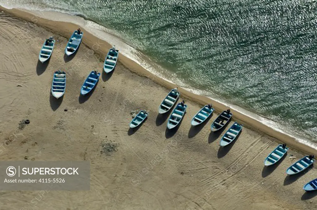 Aerial view of boats hauled up on beach, Rosarito, Baja California, Mexico, April 2008