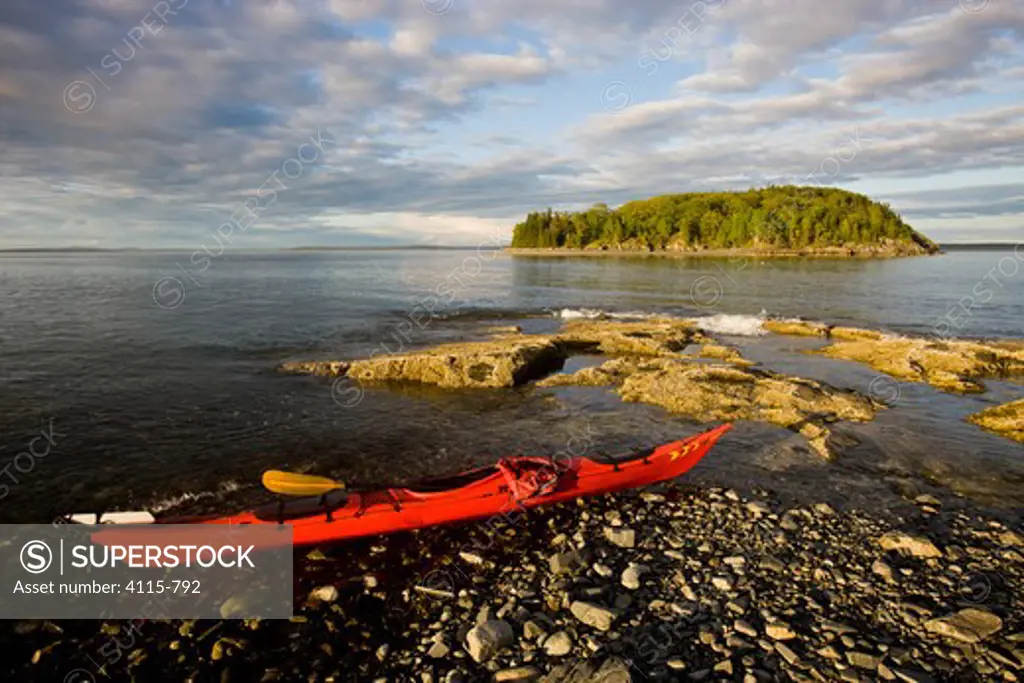 Kayak on shore, Porcupine Islands, Acadia National Park, Maine, USA