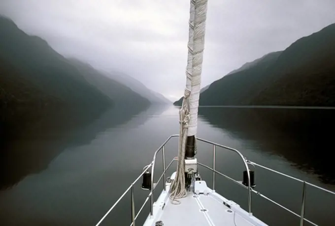 The 88 foot sloop, 'Shaman', exploring Fiordland, South Island, New Zealand