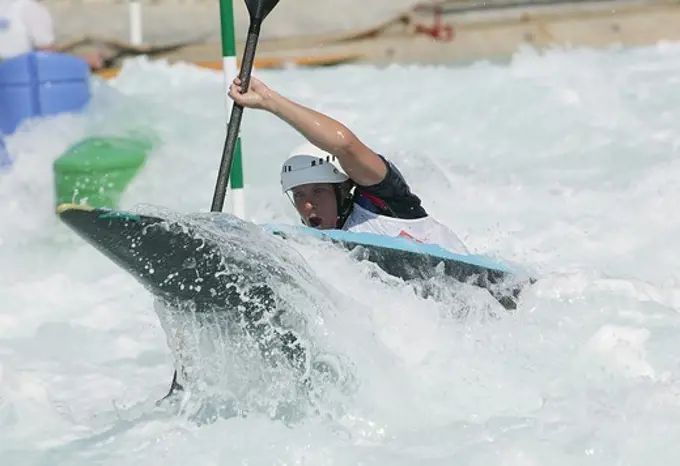 British Olympic K1 kayaker, Helen Reeves, practising at the Olympic Kayaking Centre, Olympic Games 2004, Athens, Greece.