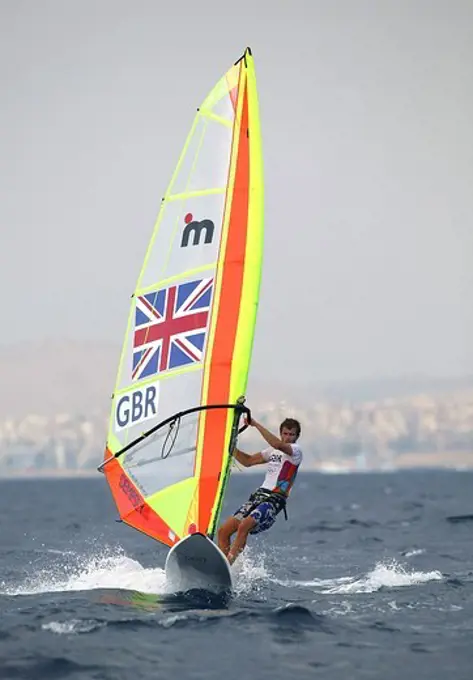 Great Britain's Nick Dempsey competing in the fourth round of the Men's Windsurf Mistral, Olympic Games, Athens, Greece, 15 August 2004.