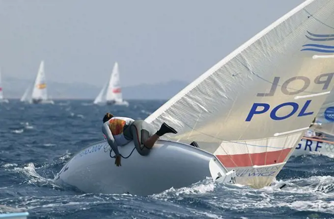 Mateusz Kusznierewicz of Poland competing in the fourth round of the Men's Single Handed Dinghy Finn, Olympic Games, Athens, Greece, 15 August 2004.