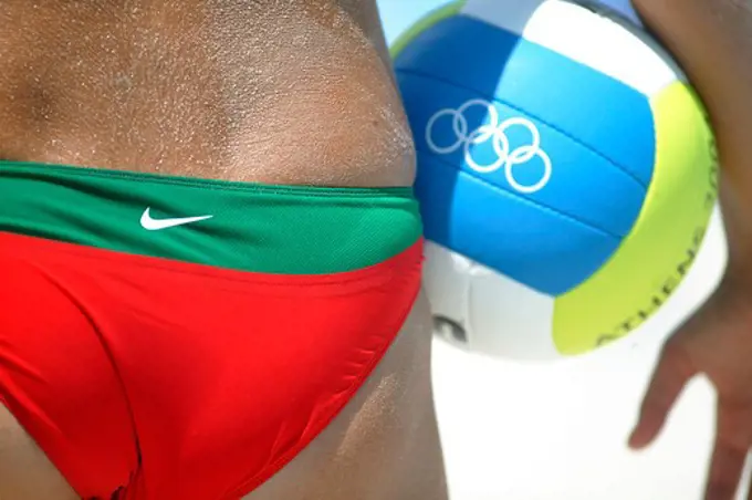 Close up of a player and volleyball during the Germany versus Bulgaria match at the Olympic Games, Athens, Greece, 16 August 2004.