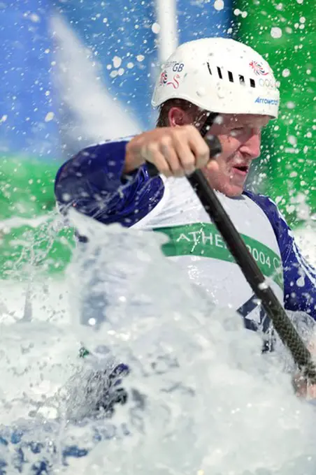 British Olympic C1 Kayaker Stuart McIntosh practising at the Olympic Kayaking Centre, Athens, Greece, 2004.