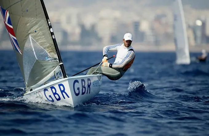 Ben Ainslie completes the 10th round of the Single Handed Finn during the Olympic Games, Athens, Greece, 19 August 2004.