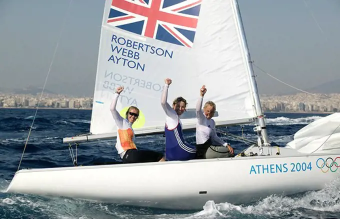 Women's Yngling crew Shirley Robertson, Sarah Webb and Sarah Ayton celebrate after winning Great Britain's first Gold Medal at the Olympic Games, Athens, 19 August 2004.