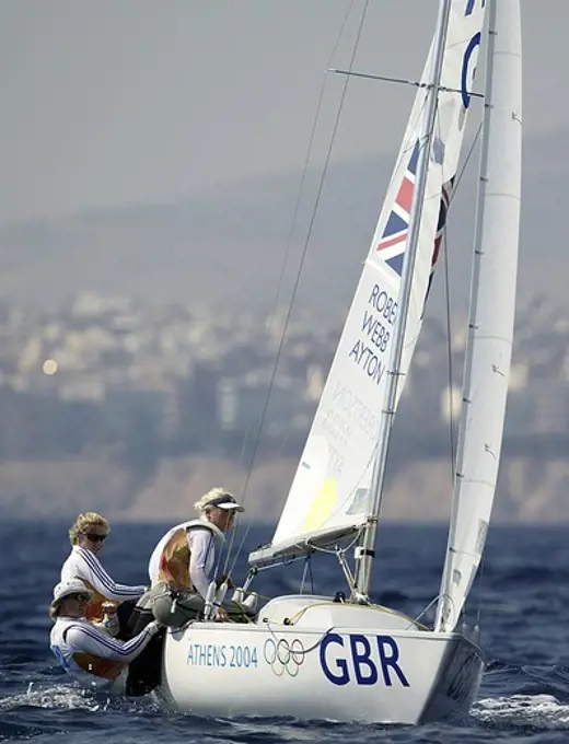 Women's Yngling crew Shirley Robertson, Sarah Webb and Sarah Ayton celebrate after winning Great Britain's first Gold Medal at the Olympic Games, Athens, Greece, 19 August 2004.