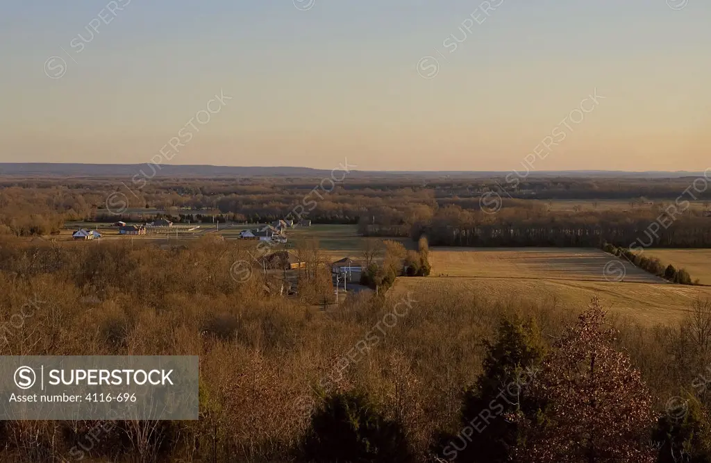 USA, Arkansas, Landscape with fields at dusk