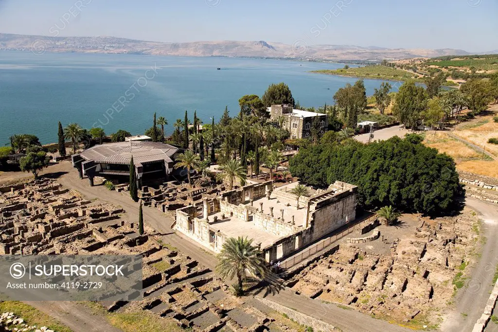 Aerial photograph of the ruins of Capernaum in the sea of Galilee