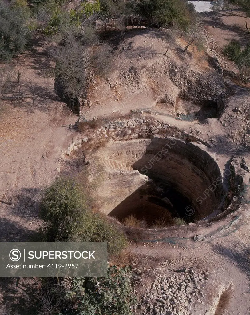 Aerial photograph of an ancient water pool in the biblical village of Gibeon