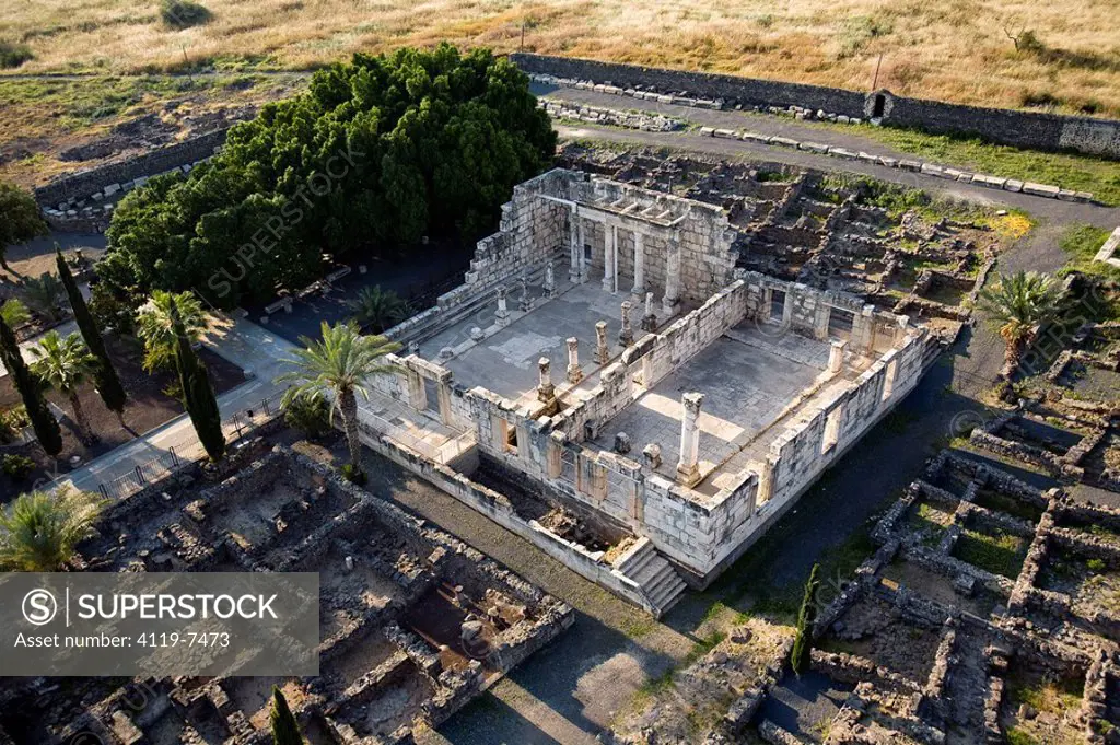 Aerial photograph of the ruins of Capernaum near the Sea of Galilee