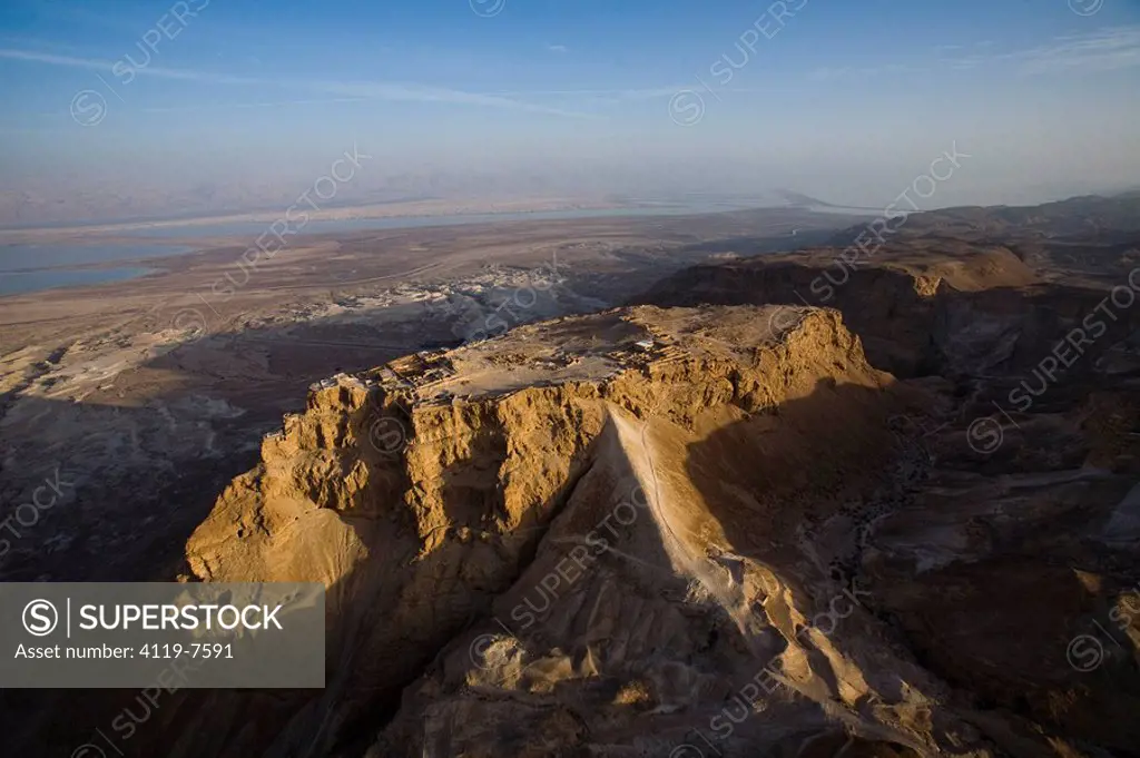 Aerial photograph of the archeologic site of Masada and the Roman ramp build between 66 AD to 73 AD during the Great Revolt