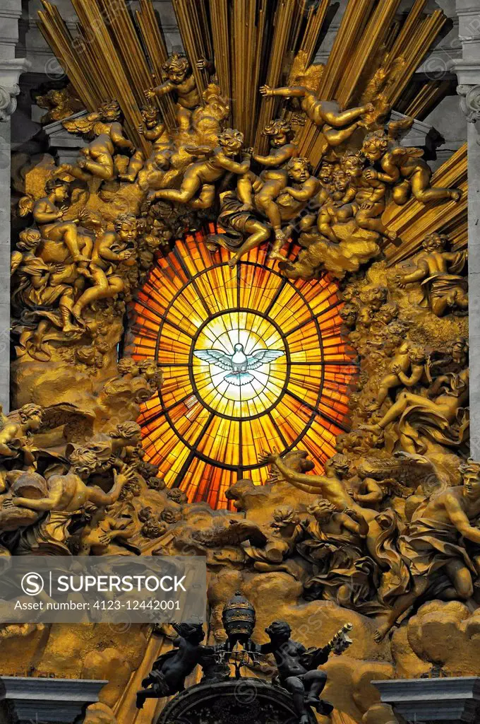 Italy, Lazio, Rome, Vatican, Stained glass window in St Peter's basilica Holy spirit dove symbol